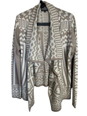 Angie Beige and Cream Aztec Print Open Front Wool-blend Cardigan L